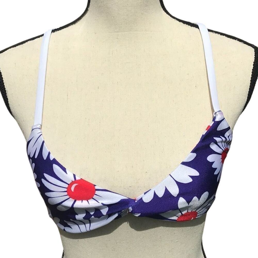 Wildfox Reversible Twist Bikini Top XS NWT Blue White Daisy Nautical Stripe Boho